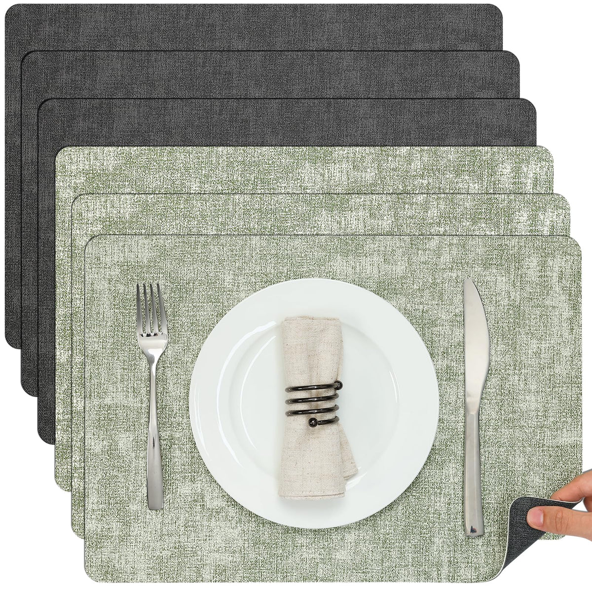 Myir JUN Faux Leather Placemats Set of 6, Reversible Dual-Color Place Mats