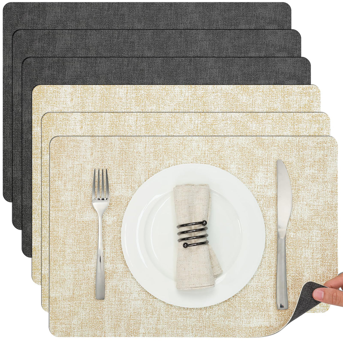 Myir JUN Faux Leather Placemats Set of 6, Reversible Dual-Color Place Mats