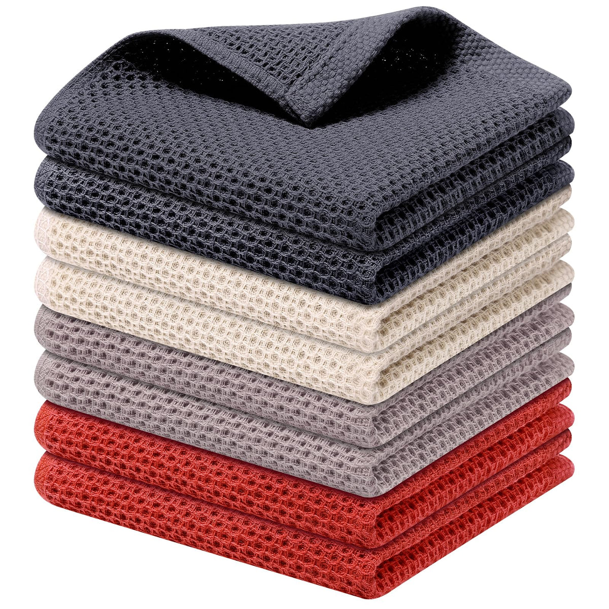 Kitinjoy 100% Cotton Waffle 6-Pack Kitchen Towels, 12" x 12", Dark Grey