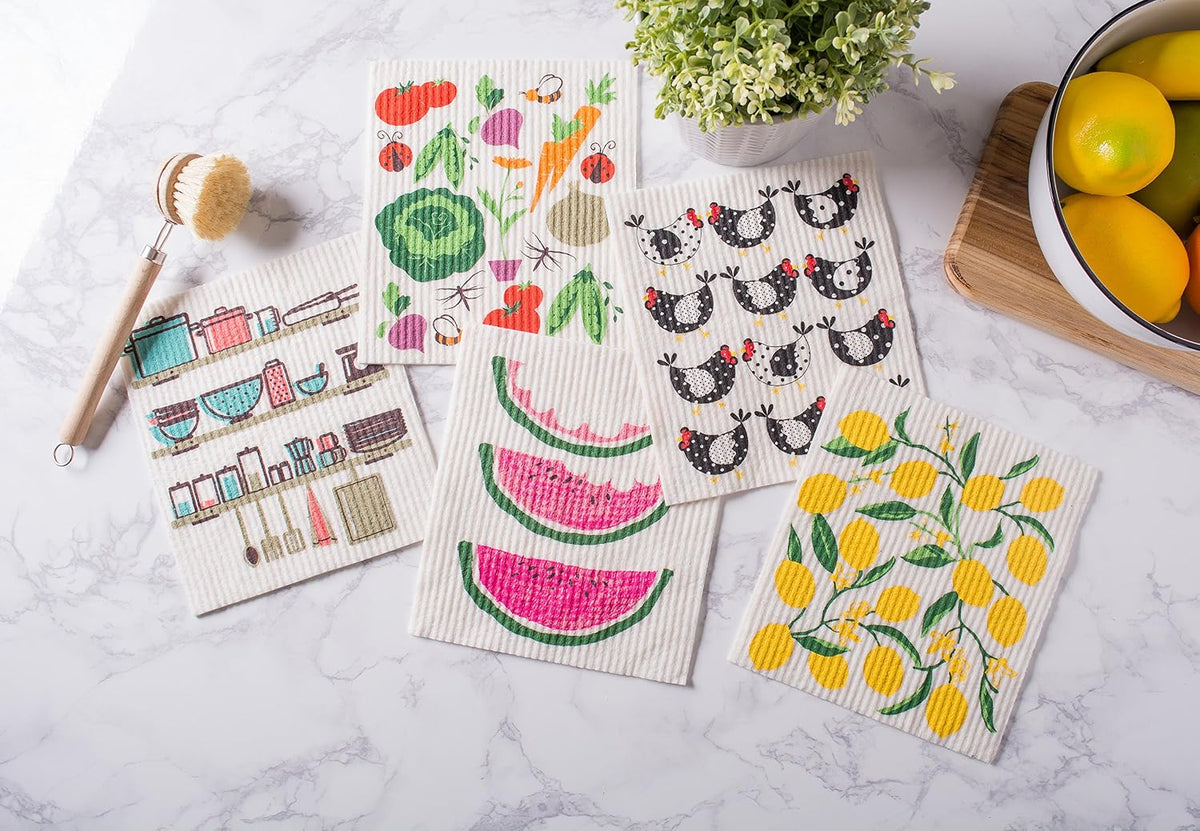 DII Swedish Dishcloths for Kitchen & Cleaning, Reusable, Machine Washable & Dishwasher Safe, Biodegradable, 7.75 x 6.75, Lemons, 3 Piece