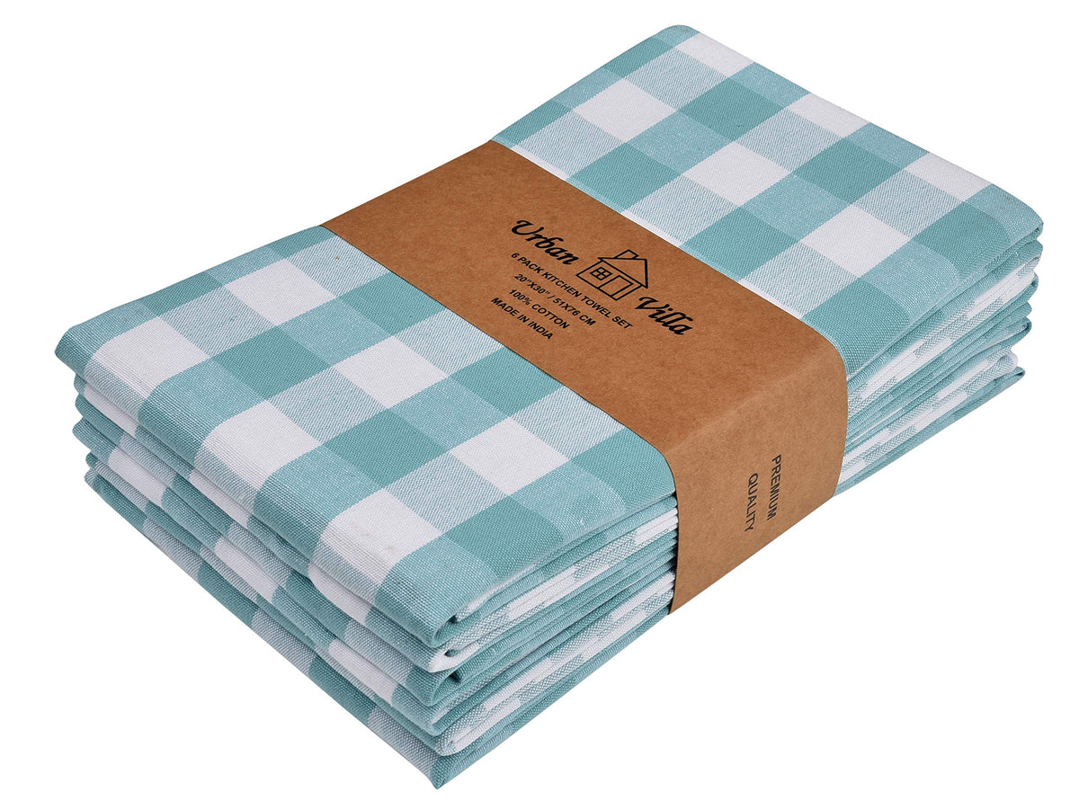 Urban Villa Kitchen Towels 100% Cotton Dish Towels for Kitchen (Set of 6) 20”x30” Dish Cloths Highly Absorbent Kitchen Linen Set with Hanging Loop Perfect for Drying Dishes Cleaning Towels-Blue White