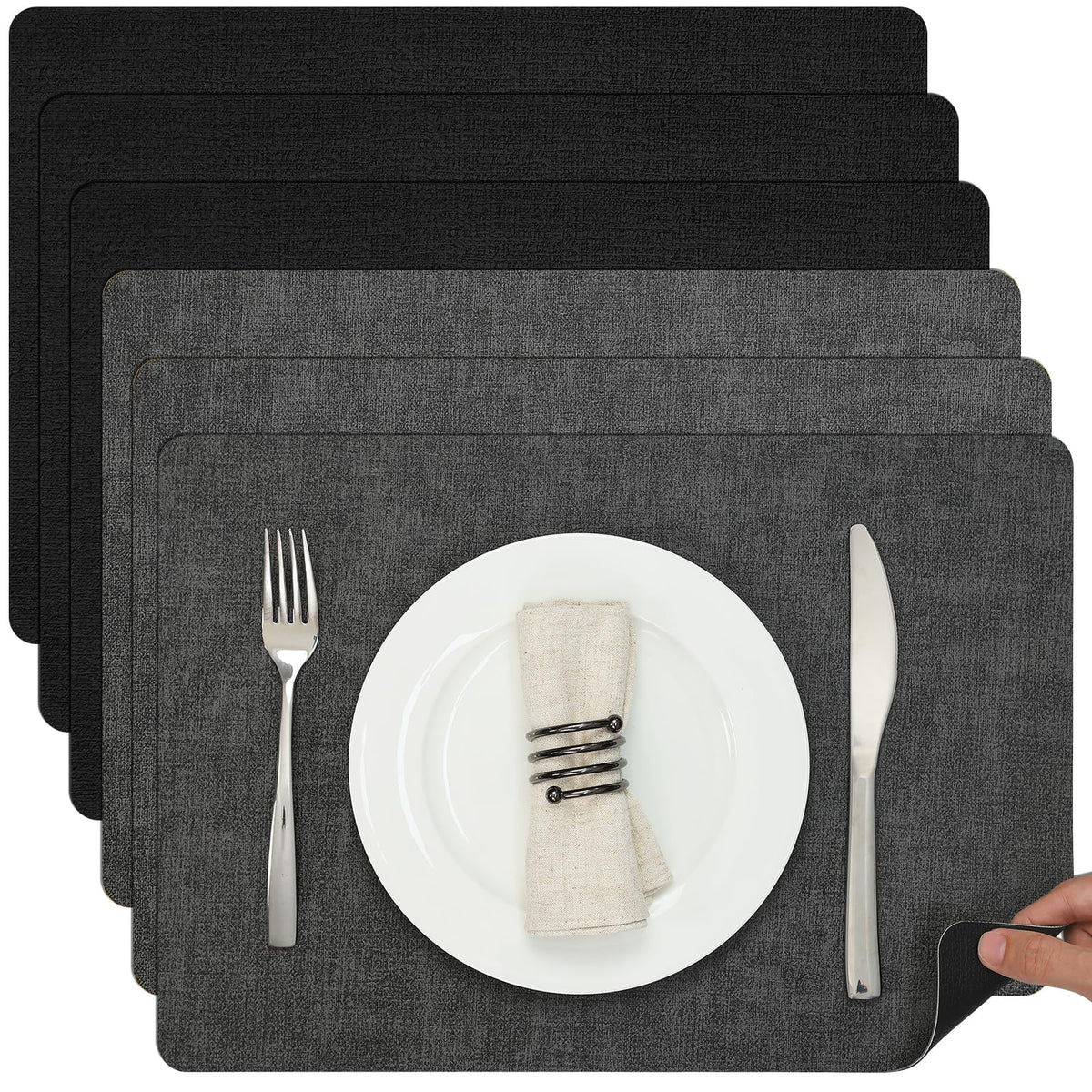 Myir JUN Faux Leather Placemats Set of 6, Reversible Dual-Color Place Mats