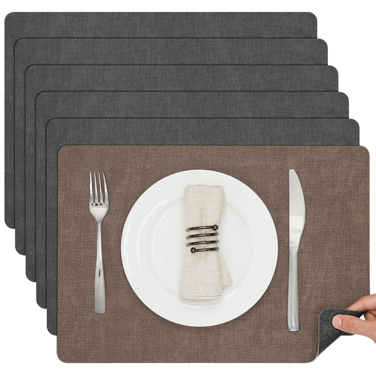 Myir JUN Faux Leather Placemats Set of 6, Reversible Dual-Color Place Mats