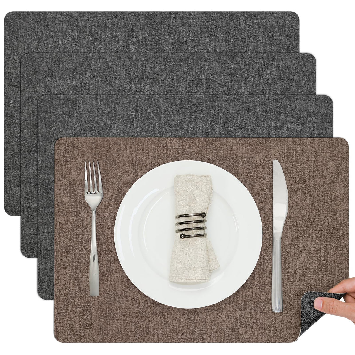 Myir JUN Faux Leather Placemats Set of 6, Reversible Dual-Color Place Mats