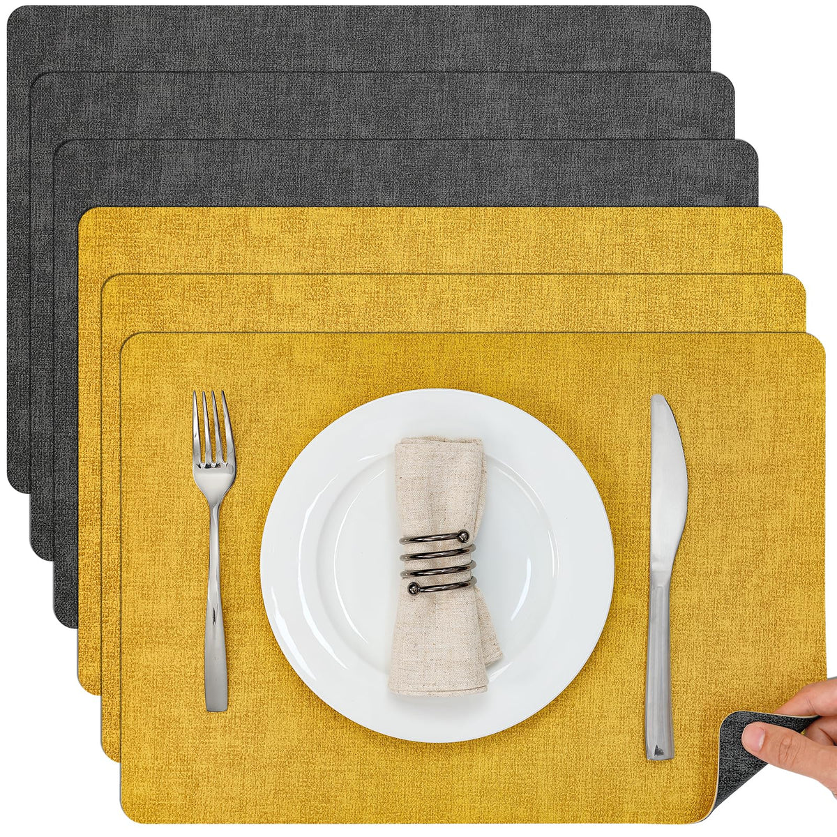 Myir JUN Faux Leather Placemats Set of 6, Reversible Dual-Color Place Mats