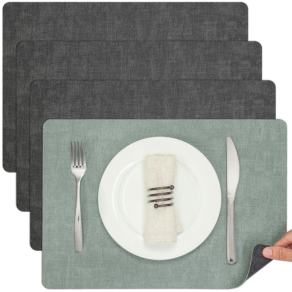 Myir JUN Faux Leather Placemats Set of 6, Reversible Dual-Color Place Mats