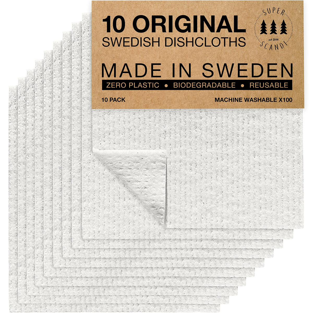 SUPERSCANDI 10 Pack Swedish Dishcloths for Kitchen - 100% Biodegradable & Compostable Reusable Paper Towels Washable, Food-Safe & Without Plastic - Dish Rags Suitable for Any Surface, Grey