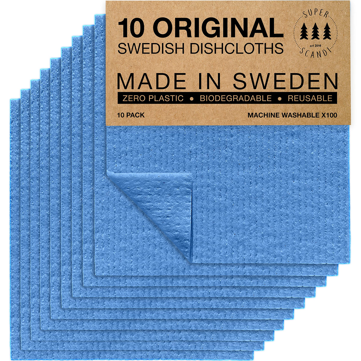 SUPERSCANDI 10 Pack Swedish Dishcloths for Kitchen - 100% Biodegradable & Compostable Reusable Paper Towels Washable, Food-Safe & Without Plastic - Dish Rags Suitable for Any Surface, Grey